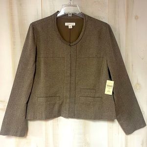 NWT Coldwater Creek Brown Herringbone Collarless Hook And Eye Blazer Jacket Sz L